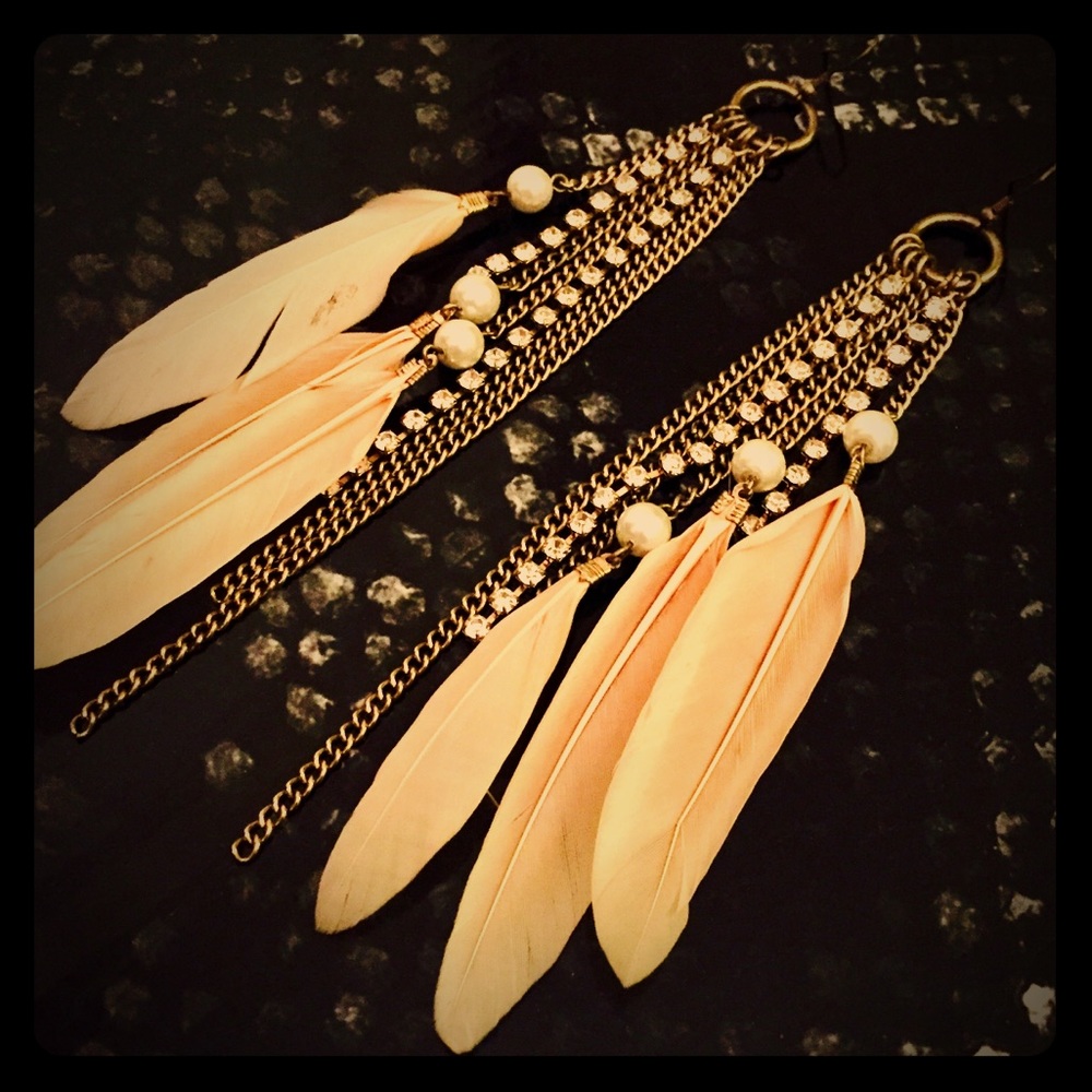 long metal tasseled feather earrings w gemstones